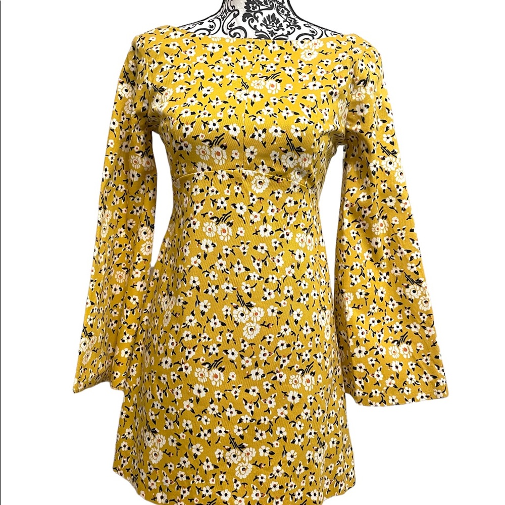 Zara Trafaluc Yellow Floral Bell Sleeve Mini Dress Size M - Picture 3 of 13